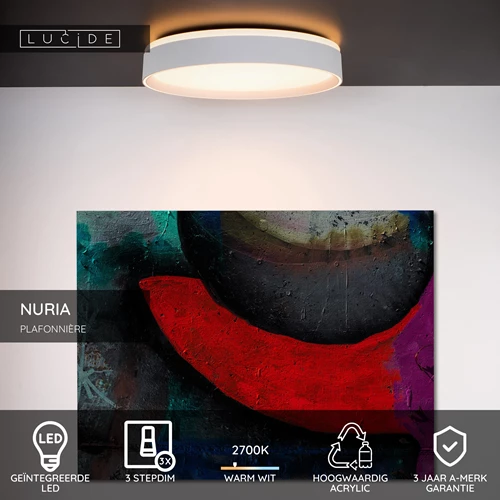Lucide NURIA - Plafonnière - Ø 30 cm - LED 3 StepDim - 1x18W 2700K - Wit - USP